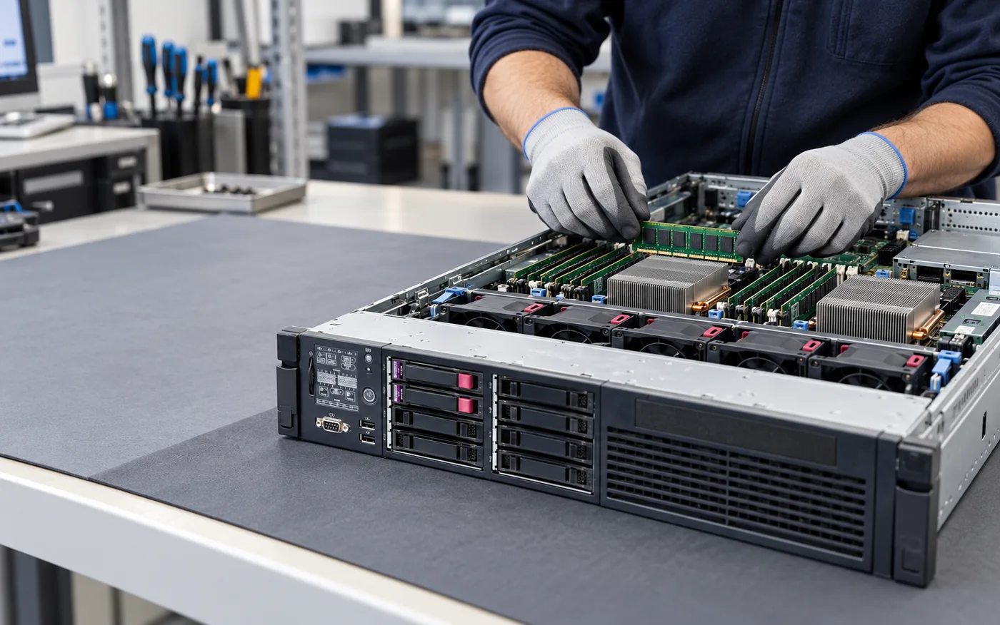 Técnico realizando mantenimiento sobre hardware IT profesional