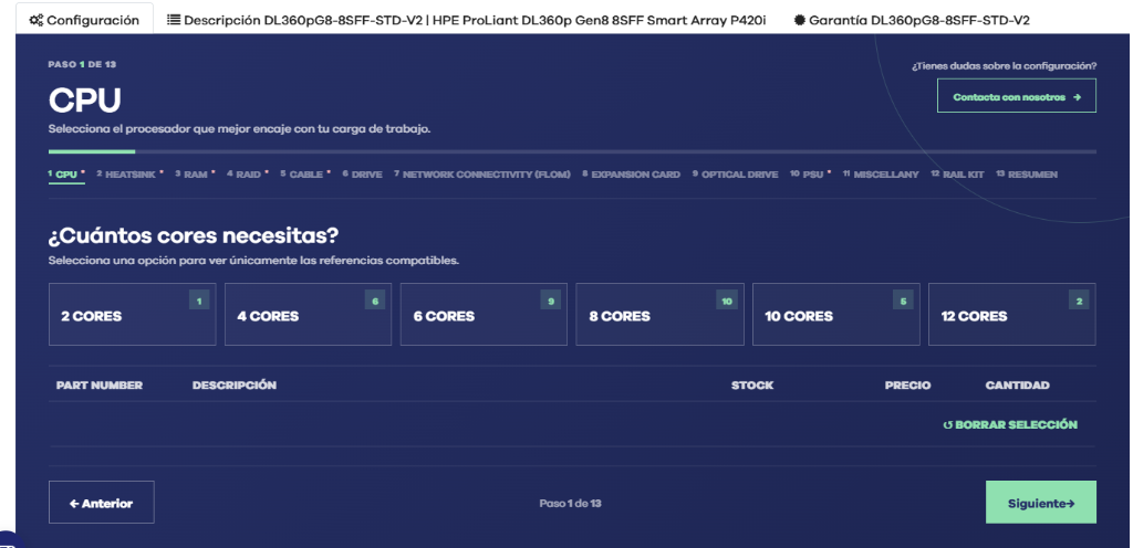 Selección de CPU compatible en el configurador de servidores
