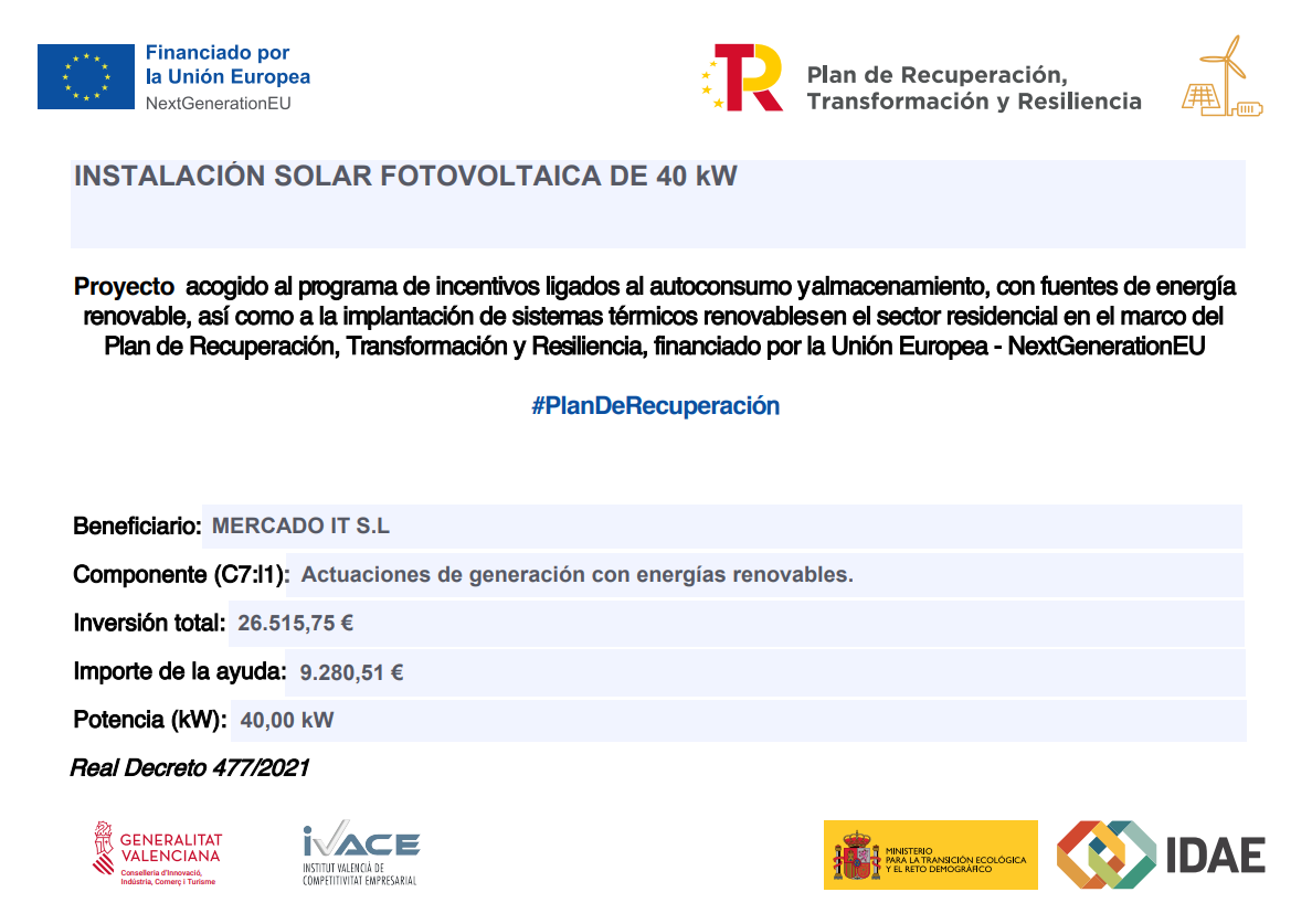 Instalación solar fotovoltaica de 40 kW financiada por la Unión Europea NextGenerationEU