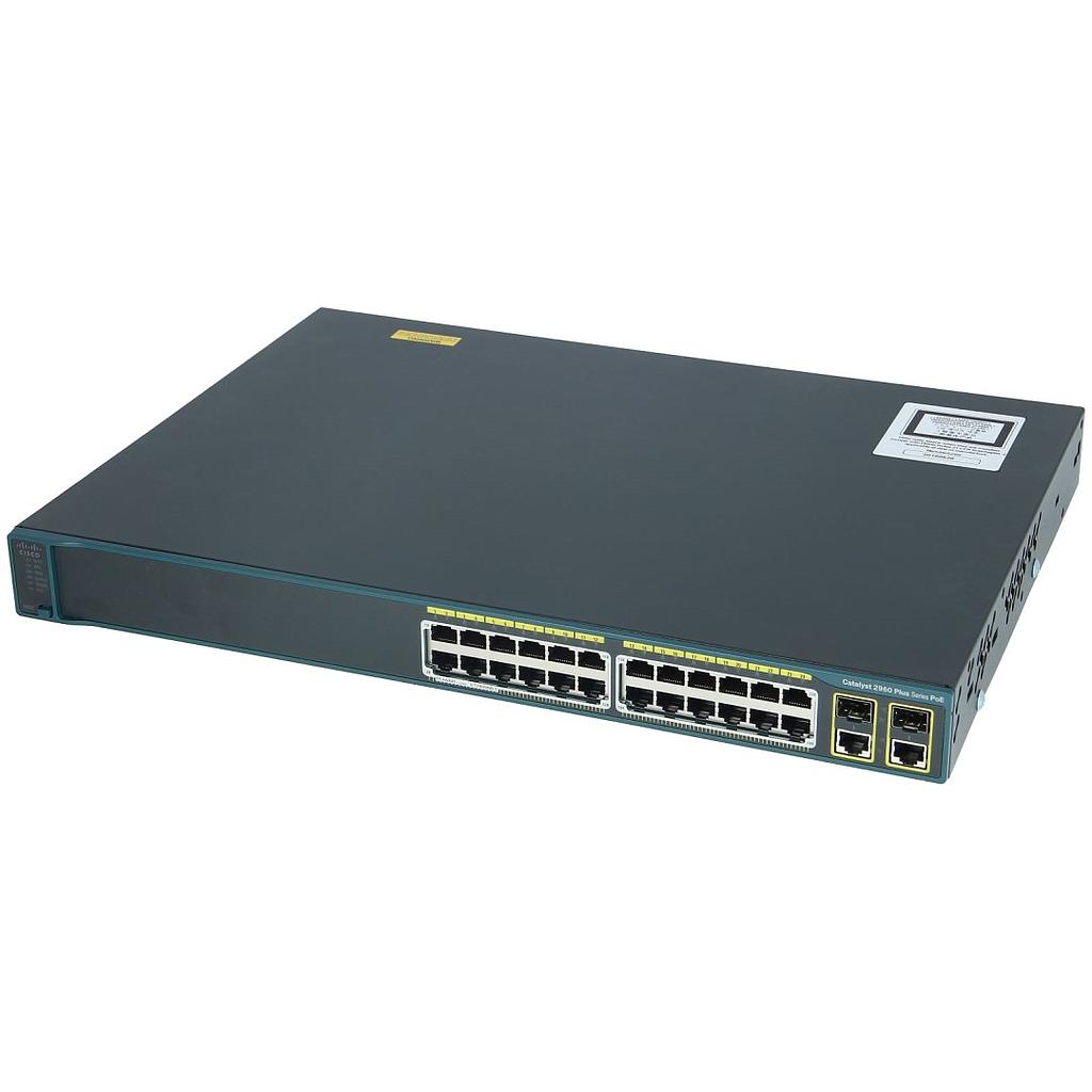 Cisco Catalyst 2960 Plus 24 10/100 Mbps PoE Ethernet Interfaces, 2 SFP or 2 1000BASE-T RJ45 uplink interfaces, LAN Base Image