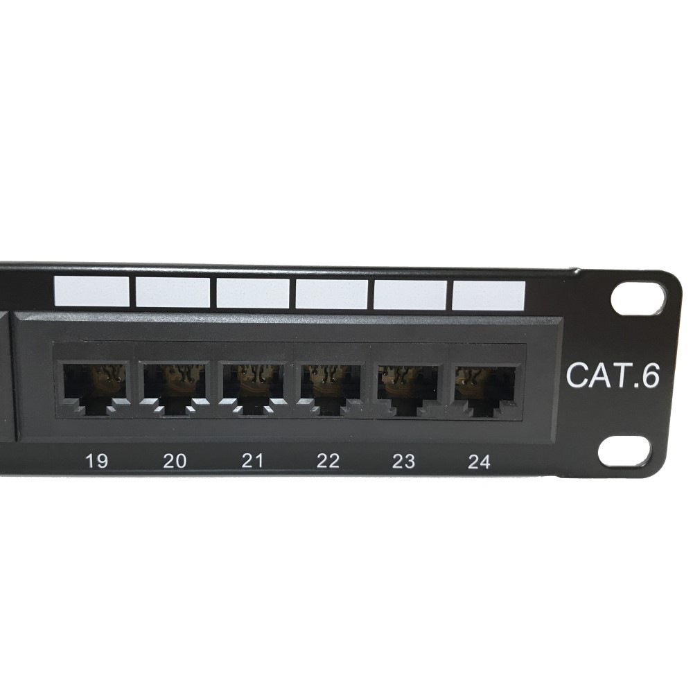 Panel 19”, 1U, 24 RJ45, C-6 UTP, 90º, 50µ oro