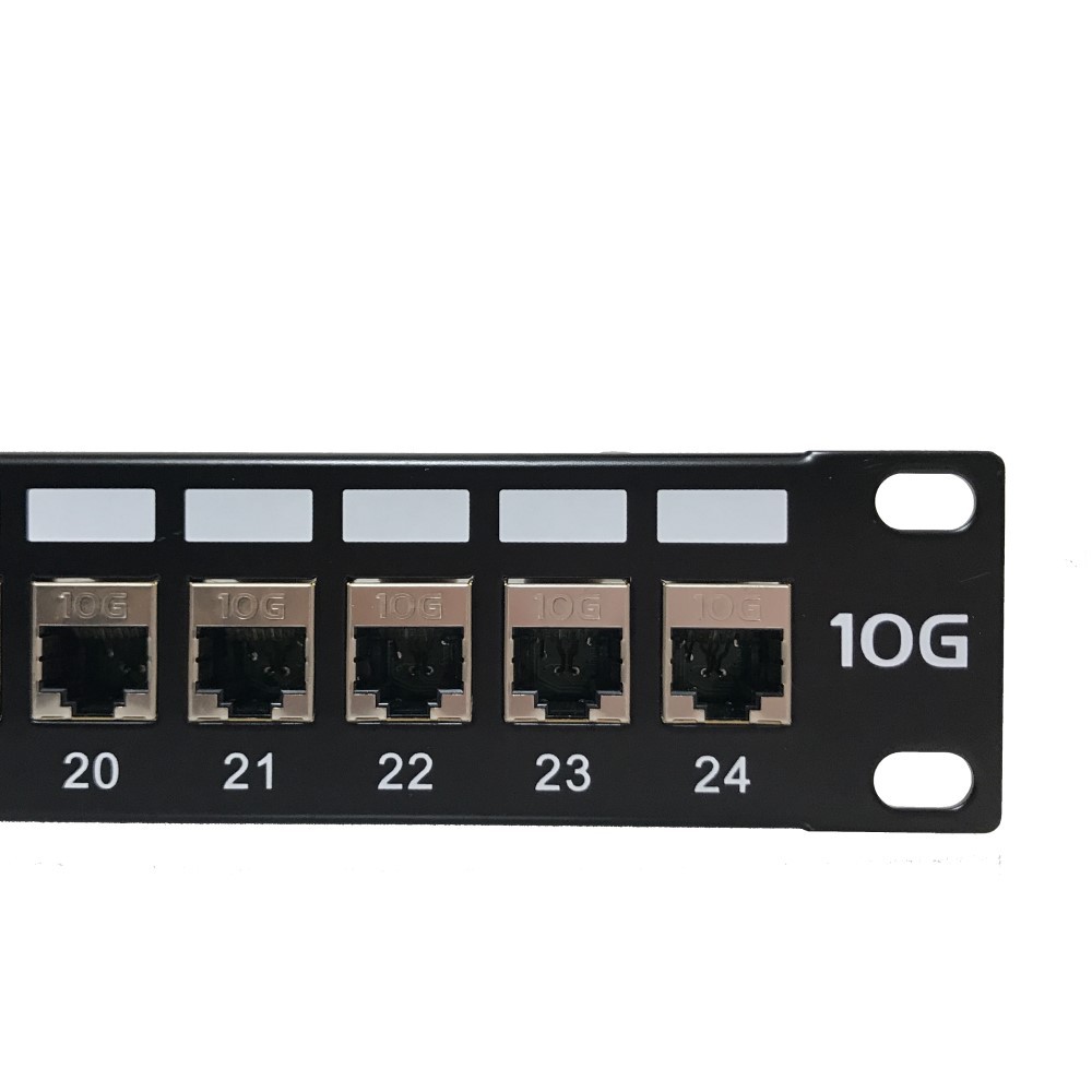 Panel 19”, 1U, 24 RJ45, C-6A FTP, 180º, 50µ oro