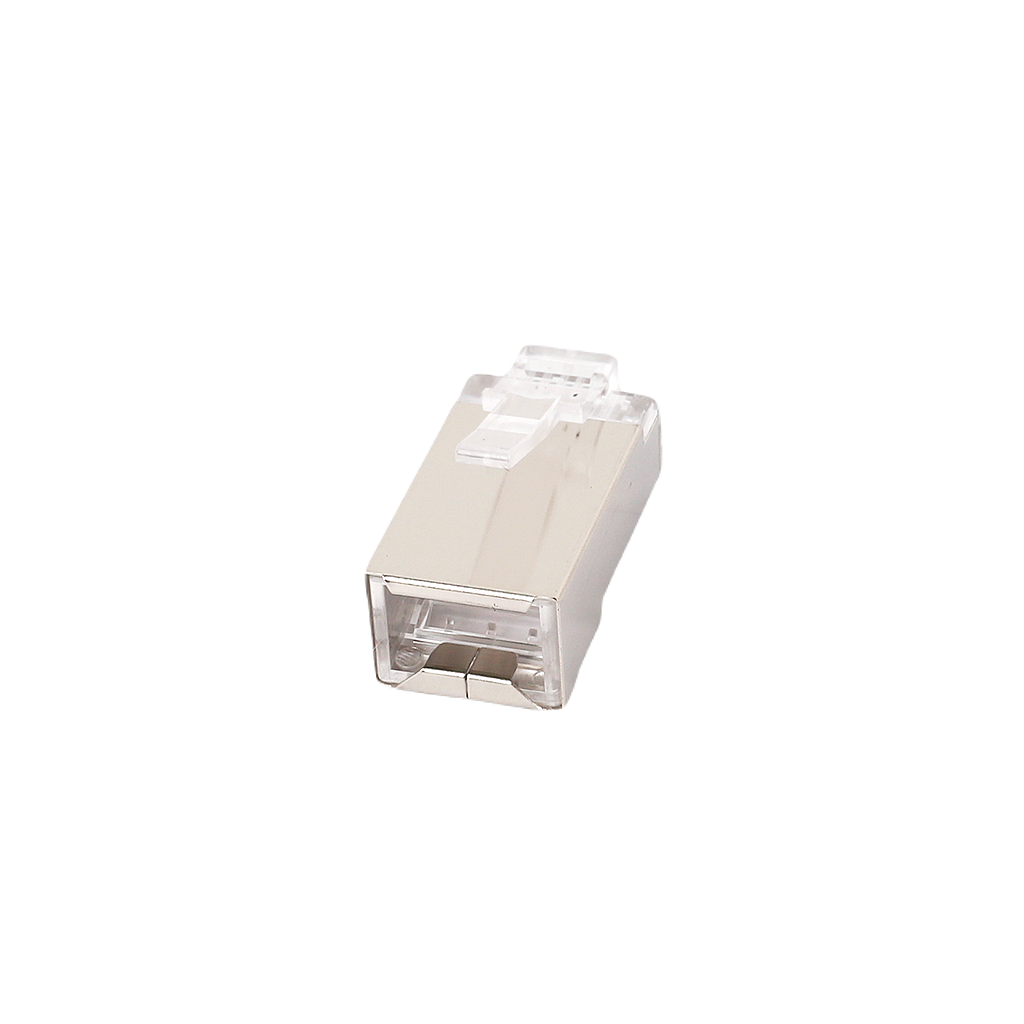 Conector RJ45 Macho C-5E FTP, con guía de hilos, Crimpado Passthrough, para cable flexible, 50μ oro