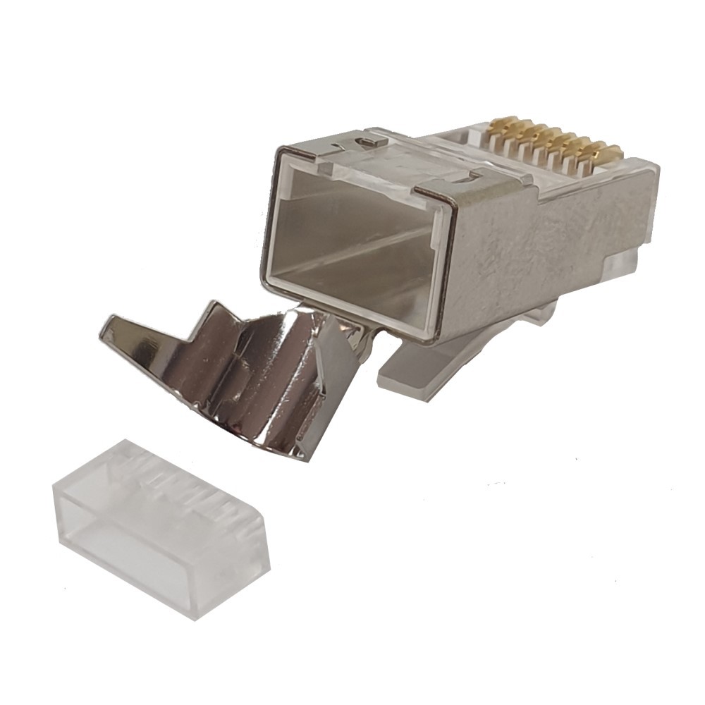 Conector RJ45 Macho C-6A S/FTP, Crimpado, para cable rígido o flexible, 50μ oro