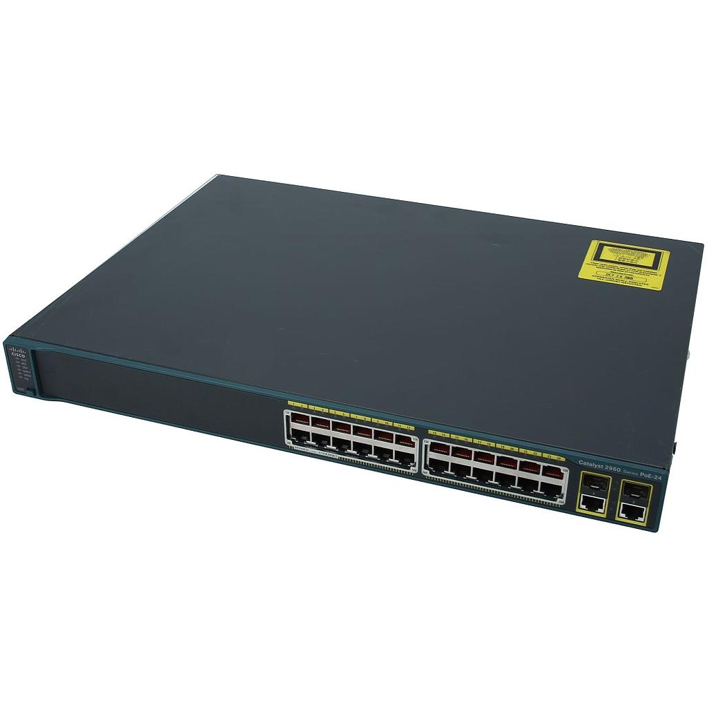 Cisco Catalyst 2960 24 Ethernet 10/100 PoE ports and 2 dual-purpose uplinks (each dual-purpose uplink port has 1 10/100/1000 Ethernet port and 1 SFP-based Gigabit Ethernet port, 1 port active), LAN Base Image