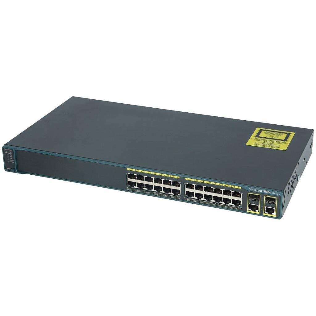 Cisco Catalyst 2960 24 10/100 Ethernet ports and 2 dual-purpose uplinks (each dual-purpose uplink port has one 10/100/1000 Ethernet port and 1 SFP-based Gigabit Ethernet port, 1 port active), LAN Base Image