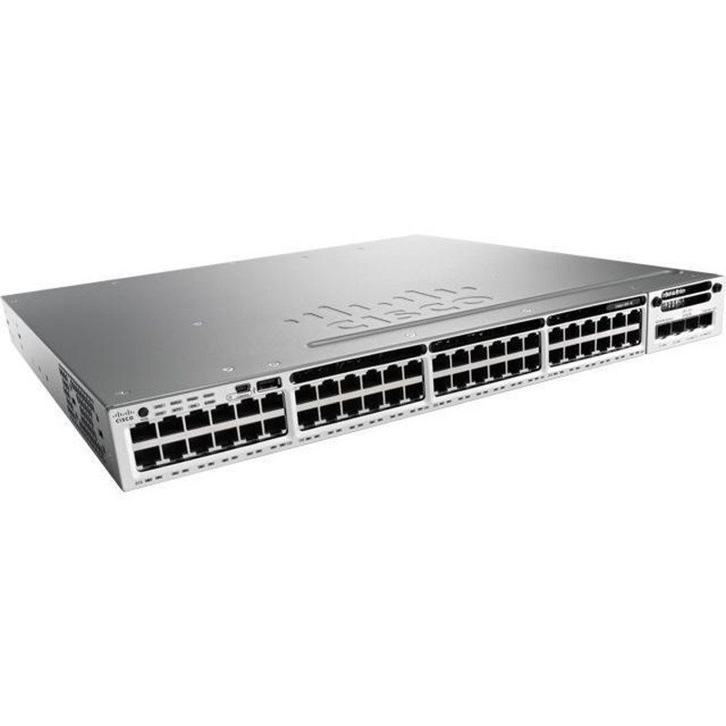 Cisco Catalyst 3850 Stackable 48 10/100/1000 Ethernet PoE+ ports, with one 1100WAC power supply  1 RU, IP Base feature set