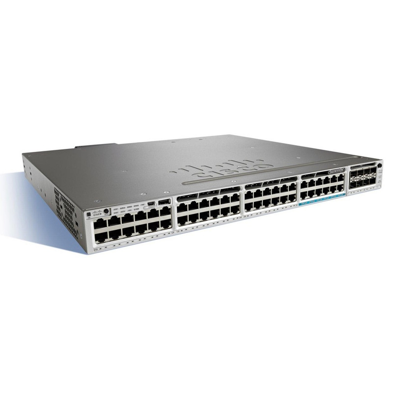 Cisco Catalyst 3850 Stackable 48 10/100/1000 with 12 100Mbps/1/2.5/5/10 Gbps UPOE Ethernet ports, with one 1100W AC power supply  1RU, IP Base feature set