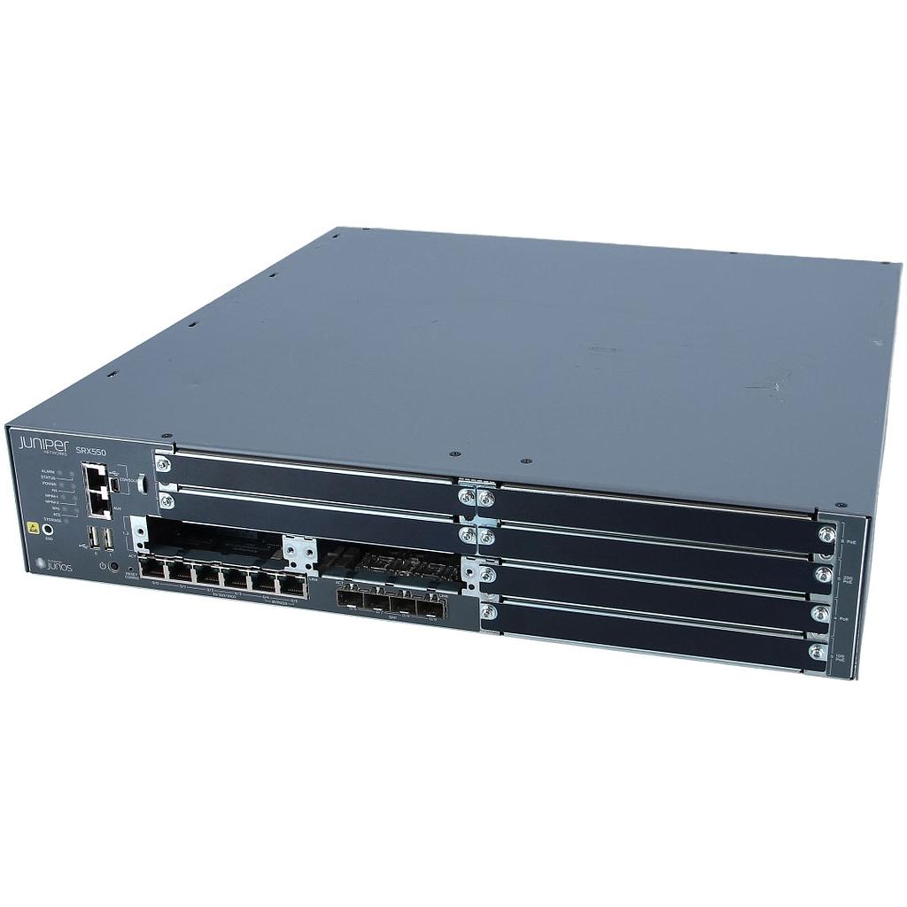 Juniper SRX550 Services Gateway, 2 RU height, 6 GPIM slots, 2 Mini-PIM slots, 6  10/100/1000BASE-T ports, 4GbE SFP ports,  dual PS slots, fans; ships with one 645 watt AC power supply with 247 W PoE power (power cord and rack-mount kit included)