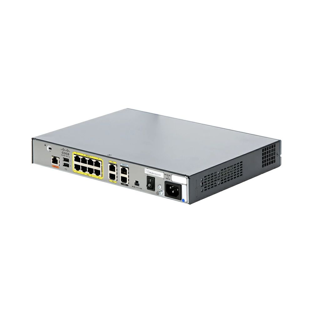 Cisco 1812 ISR Security router with dual 10/100 WAN ports, 8-port 10/100BASE-T switch, ISDN S/T backup, Cisco IOS Advanced IP Services, 32 MB Flash, and 128 MB DRAM