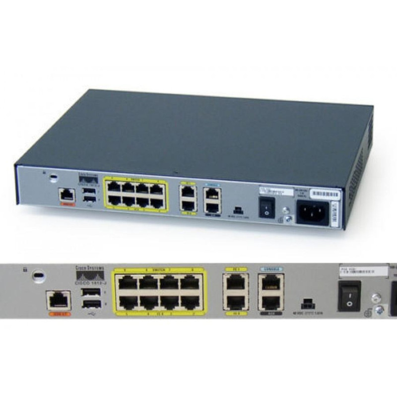 Cisco 1812 ISR Security router with dual 10/100 WAN ports, 8-port 10/100BASE-T switch, ISDN S/T backup, Cisco IOS Advanced IP Services, 32 MB Flash, and 128 MB DRAM