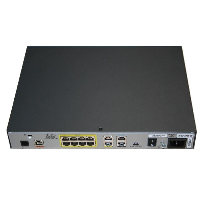 Cisco 1801 ISR ADSL over POTS Annex M router with 8-port 10/100BASE-T switch, ISDN S/T backup, Cisco IOS IP broadband, 32 MB Flash, and 128 MB DRAM