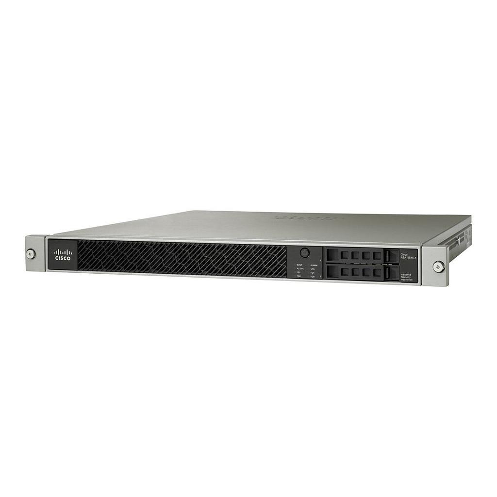 Cisco ASA 5545-X Firewall Edition; includes firewall services, 2500 IPsec VPN peers, 2 SSL VPN peers, 8 copper Gigabit Ethernet data ports, 1 copper Gigabit Ethernet management port, 1 AC power supply, DES encryption, 2 SSD 120GB
