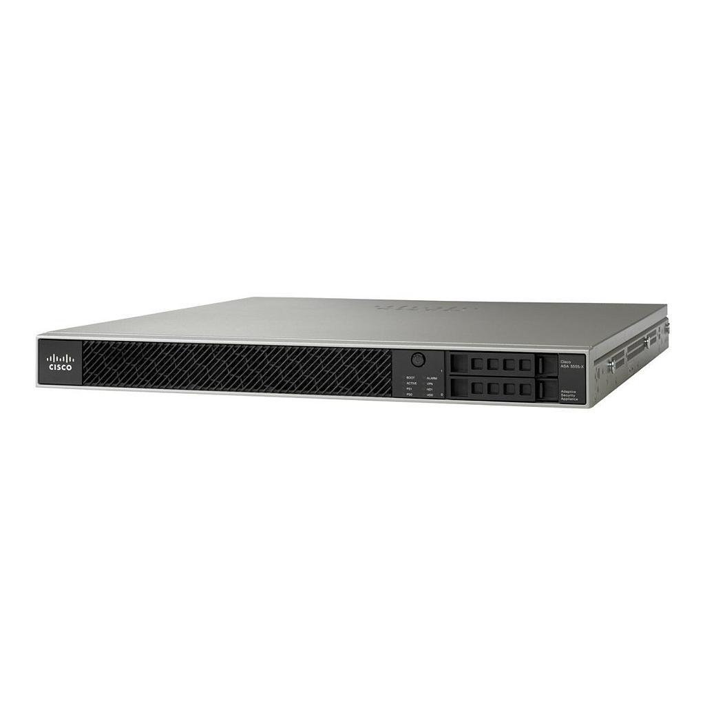 Cisco ASA 5555-X Firewall Edition; includes firewall services, 5000 IPsec VPN peers, 2 SSL VPN peers, 8 copper Gigabit Ethernet data ports, 1 copper Gigabit Ethernet management port, 1 AC power supply, 3DES/AES encryption, 2 SSD 120GB