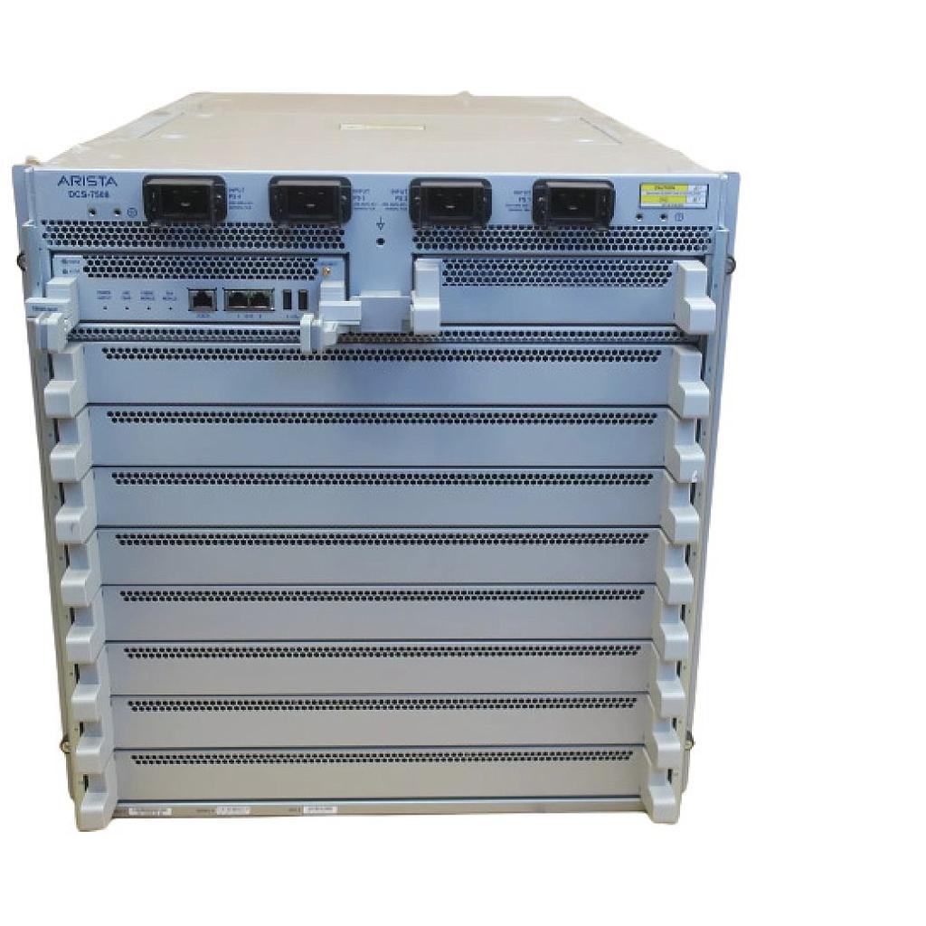 Arista 7508 chassis, 2 supervisor slots, 8 line card slots, 6 fabric slots