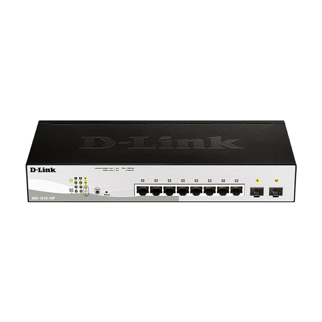 D-Link DGS-1210-10P, 8x 10/100/1000BASE-T PoE ports (65W PoE Budget) &amp; 2x SFP, Fanless Managed Switch