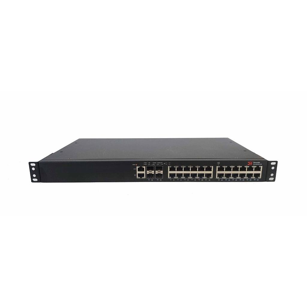 Brocade 24-port 1 GbE switch 390 W, 4×1 GbE SFP uplink/stacking ports, non PoE