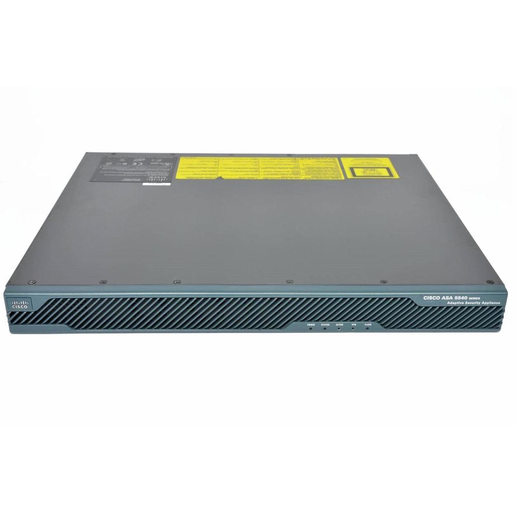 Cisco ASA 5540 IPS Edition includes AIP-SSM-20, firewall services, 5000 IPsec VPN peers, 2 SSL VPN peers, 4 Gigabit Ethernet interfaces, 1 Fast Ethernet interface