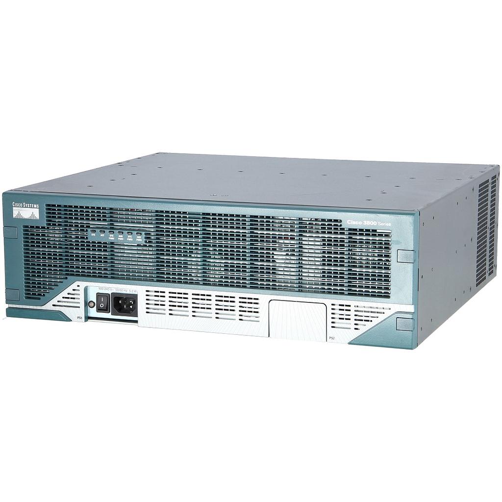Cisco 3845 ISR with two Gigabit Ethernet fixed LAN ports, one SFP slot, four NMEs, four HWICs, two AIM slots, 4 PVDM slots Cisco IP Base software, and AC power