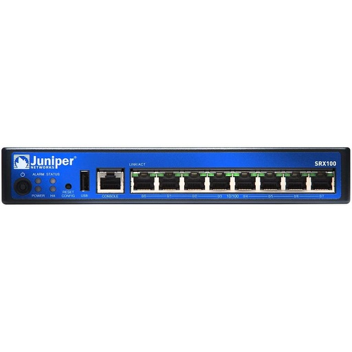 Juniper SRX100 Services Gateway with 8xFE ports and base memory (On-board 1 GB RAM with 512 MB accessible, 1 GB flash)