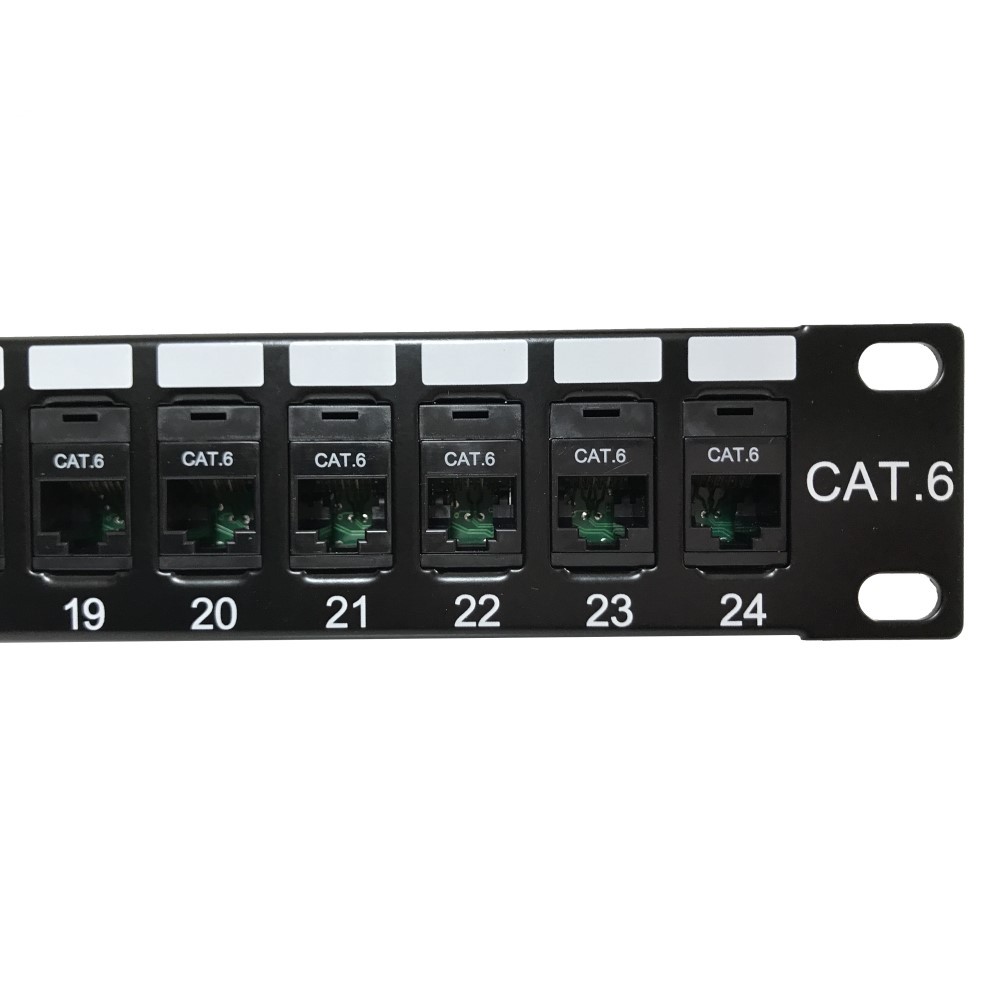 Panel 19”, 1U, 24 RJ45, C-6 UTP, 180º, 50µ oro