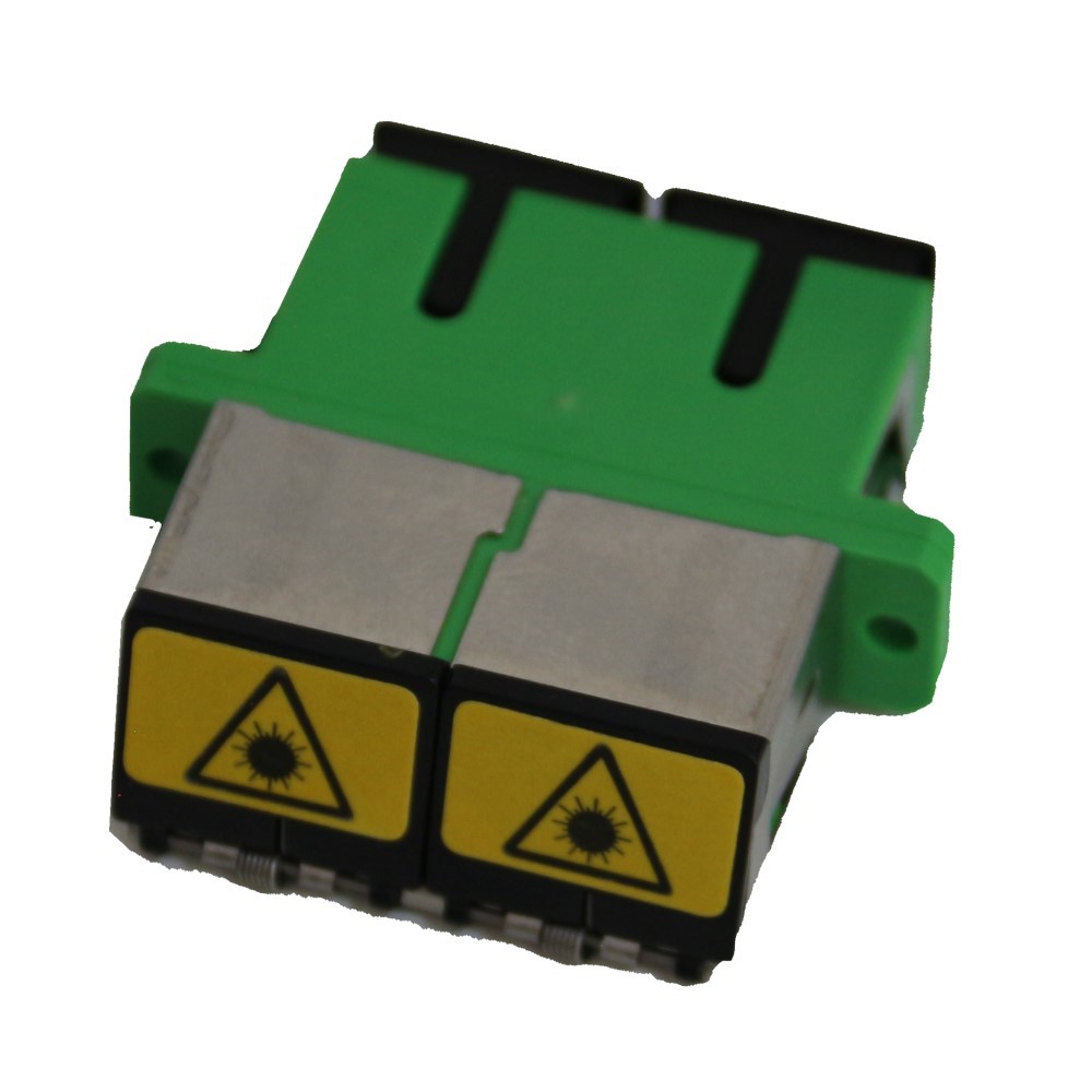 Adaptador F.O. hembra-hembra FTTH Monomodo 9-125 µm SC-APC duplex, tapa con muelle