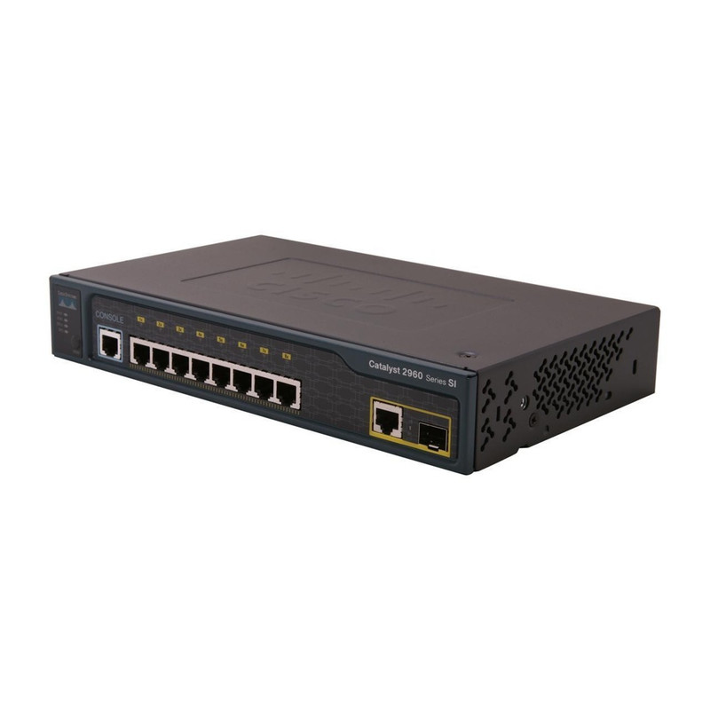 Cisco Catalyst 2960 8 10/100 Ethernet ports, 1 dual-purpose uplink (dual-purpose uplink port has 1 10/100/1000 Ethernet port and 1 SFP-based Gigabit Ethernet port, 1 port active), LAN Lite software